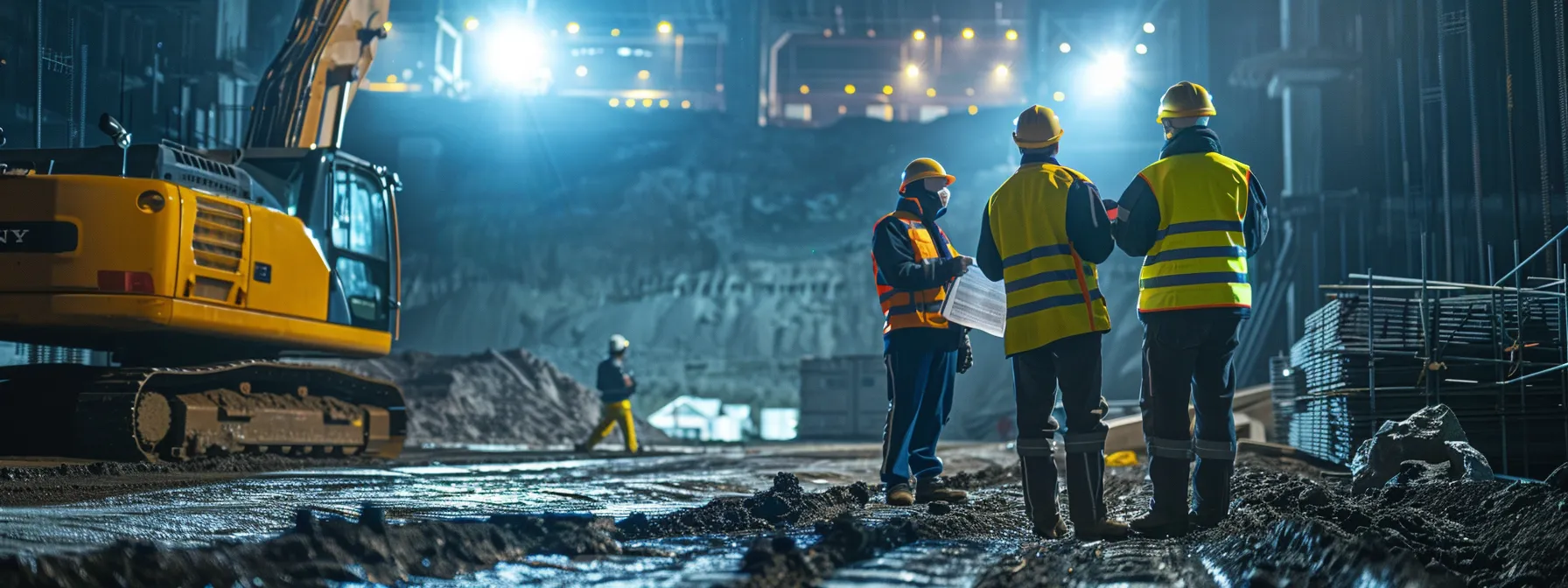 a focused construction site scene displays professionals reviewing a comprehensive asphalt paving checklist at a meticulously prepared urban lot, illuminated by bright overhead lights that emphasize the precision and efficiency required for quality paving work.
