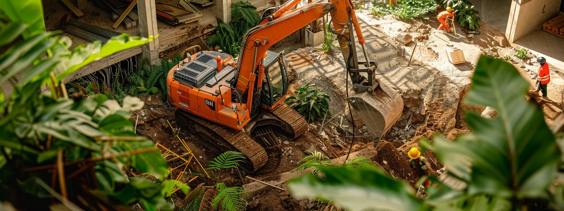 a focused construction site showcases a dedicated demolition contractor amid safe practices, with equipment surrounded by vibrant greenery, symbolizing a commitment to ethical and sustainable practices. a focused construction site showcases a dedicated demolition contractor amid safe practices, with equipment surrounded by vibrant greenery, symbolizing a commitment to ethical and sustainable practices.