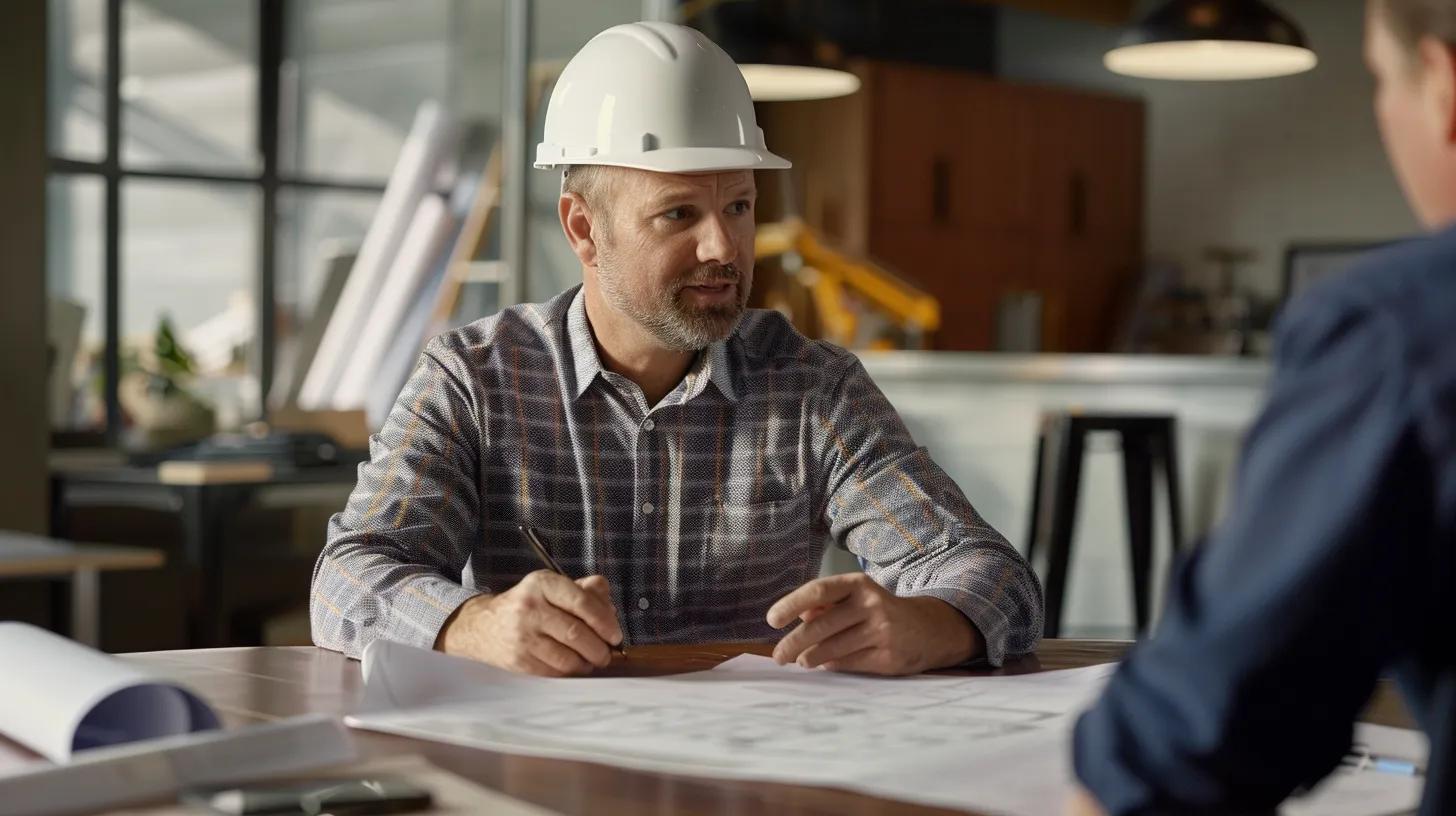 a focused contractor sitting at a sleek conference table, engaged in a detailed discussion with a client, surrounded by construction blueprints and a modern urban backdrop, symbolizing collaboration and clarity in the selection process. a focused contractor sitting at a sleek conference table, engaged in a detailed discussion with a client, surrounded by construction blueprints and a modern urban backdrop, symbolizing collaboration and clarity in the selection process.