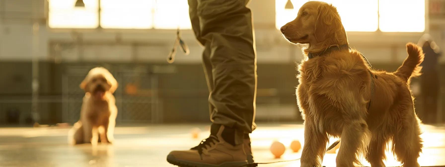 a focused, dynamic scene set in a professional dog training facility, showcasing a confident trainer guiding a golden retriever and a goldendoodle through an obedience course, with an emphasis on the dogs' attentive expressions, highlighting the importance of understanding aggression triggers in canine behavior.