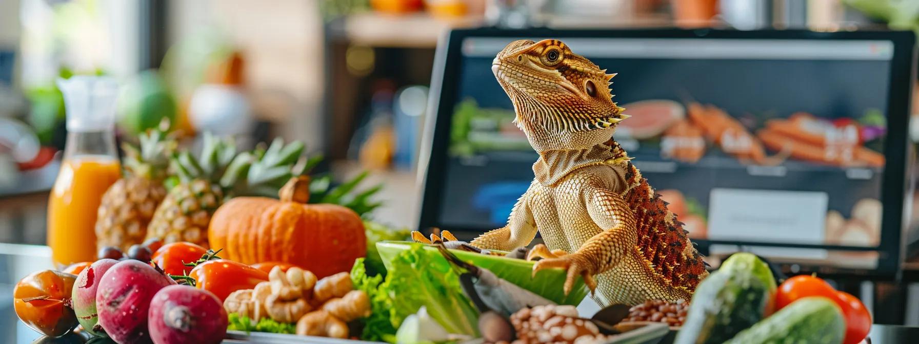 a focused, educational setting features a vibrant bearded dragon perched on a modern glass desk surrounded by a variety of colorful, nutritious food items including insects, vegetables, and fruits, with a tablet displaying dietary guidelines in the background. a focused, educational setting features a vibrant bearded dragon perched on a modern glass desk surrounded by a variety of colorful, nutritious food items including insects, vegetables, and fruits, with a tablet displaying dietary guidelines in the background.