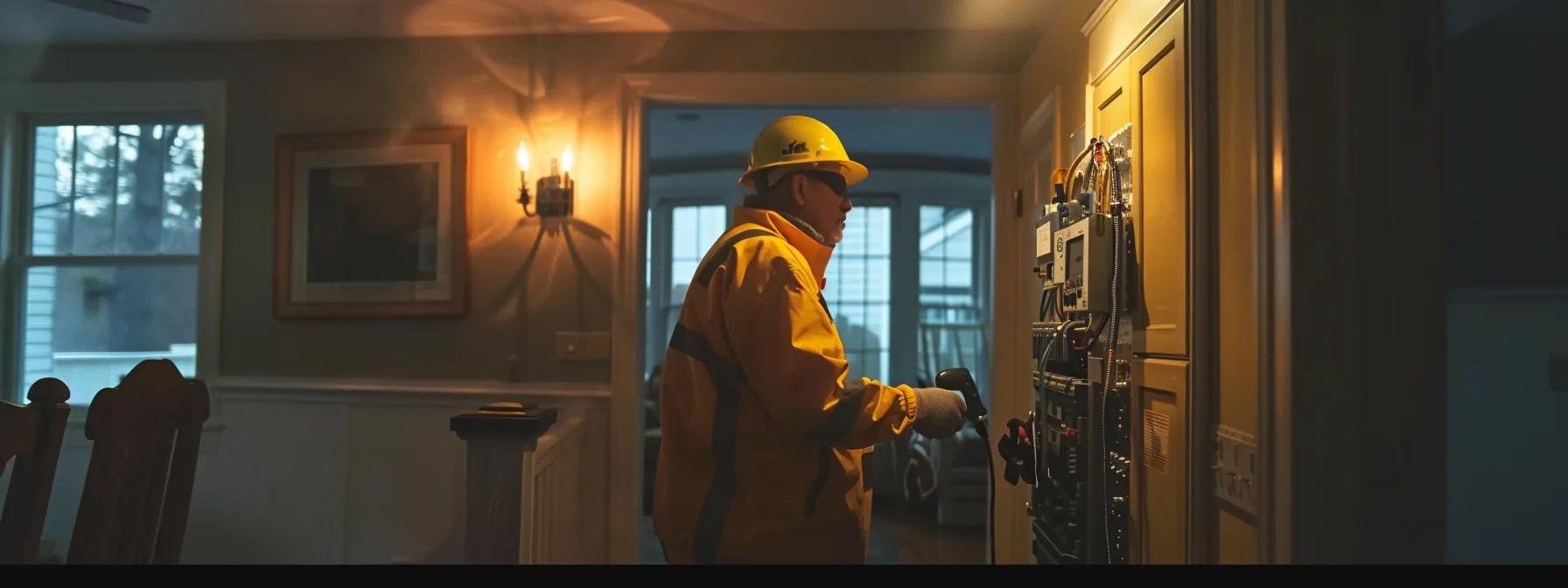 a focused electrician wearing safety gear examines an intricate electrical panel inside a bright, modern cape cod home, showcasing the careful assessment and meticulous detail that characterize high-quality residential electrical service. a focused electrician wearing safety gear examines an intricate electrical panel inside a bright, modern cape cod home, showcasing the careful assessment and meticulous detail that characterize high-quality residential electrical service.