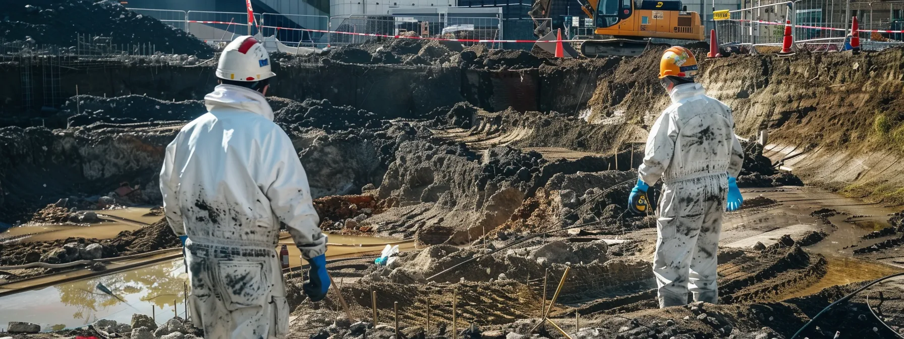 a focused excavation site in an urban setting showcases workers in protective gear strategically managing soil remediation, with clearly marked safety zones and equipment for air quality monitoring prominently displayed.