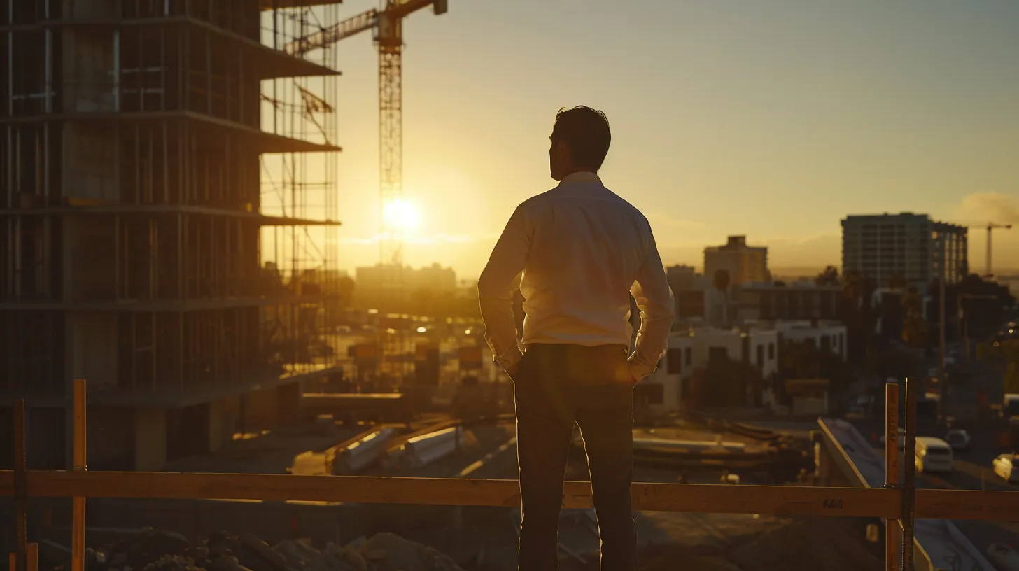a focused general contractor stands confidently at a bustling construction site, surveying blueprints under the warm glow of the afternoon sun, embodying leadership and project success amidst the dynamic environment.