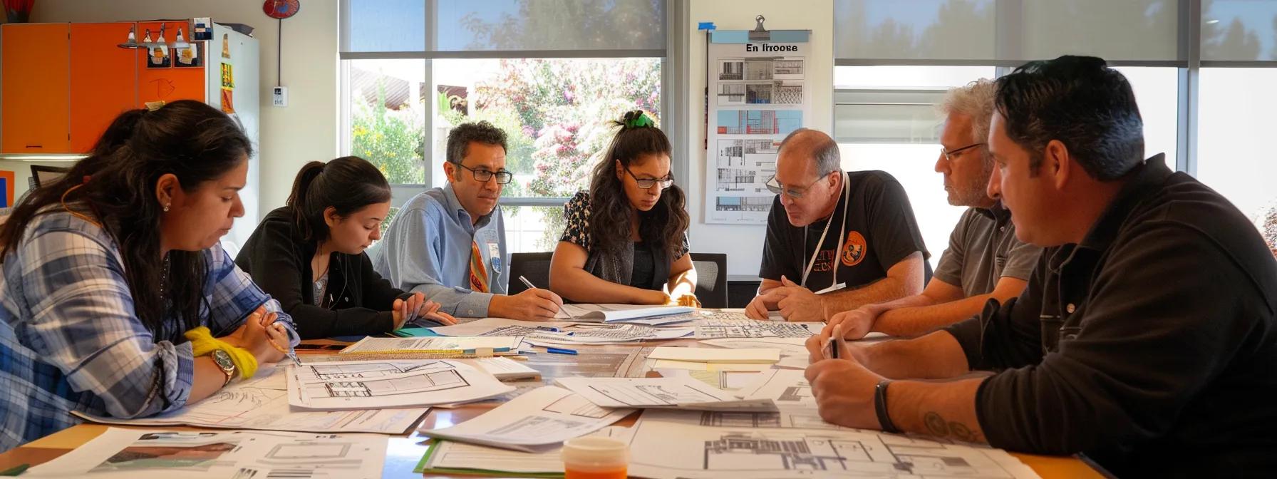 a focused group of architects engaged in a dynamic study session in a modern office environment, surrounded by architectural blueprints and digital design tools, emphasizing collaboration and intensive preparation for certification exams.