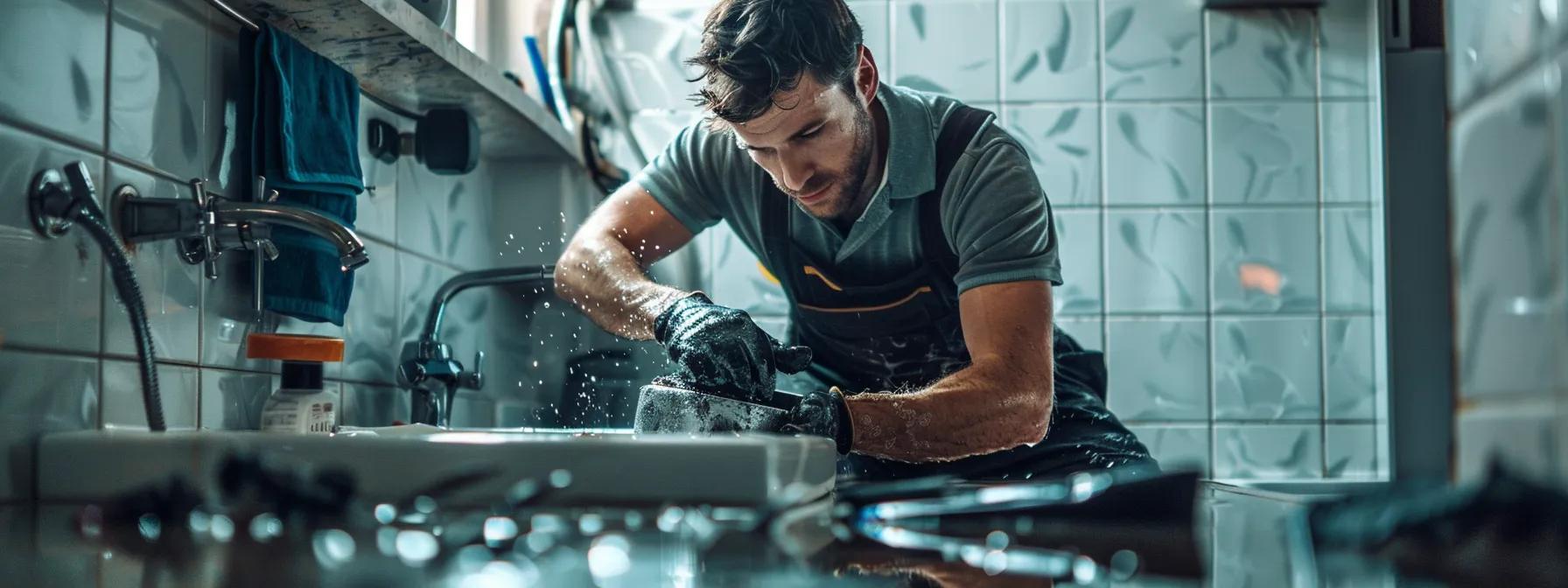 a focused, high-contrast shot of a professional plumber in a sleek, modern bathroom, swiftly addressing a burst pipe with advanced tools, surrounded by signs of water damage and urgency, under bright, artificial lighting. a focused, high-contrast shot of a professional plumber in a sleek, modern bathroom, swiftly addressing a burst pipe with advanced tools, surrounded by signs of water damage and urgency, under bright, artificial lighting.