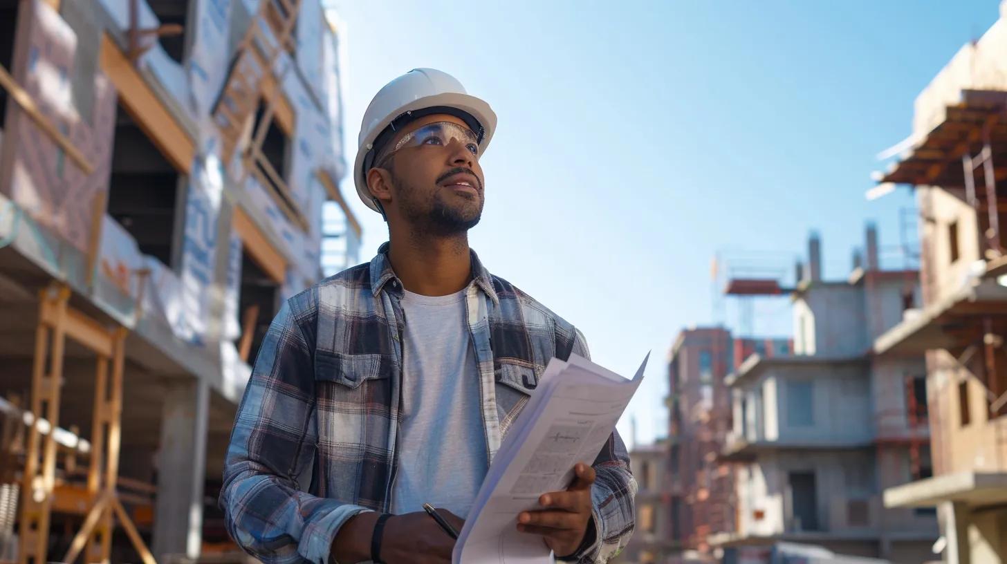 a focused home builder stands confidently in a bustling construction site, surrounded by blueprints and machinery, as they oversee the transformation of design plans into a robust structure under clear blue skies.
