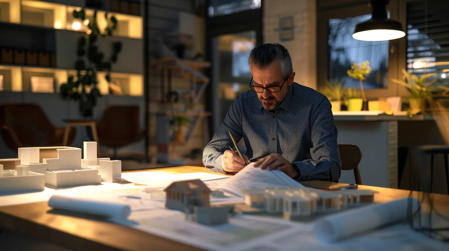 A focused home building consultant reviews blueprints and scale models at a desk, highlighting the detailed planning involved in residential construction. A focused home building consultant reviews blueprints and scale models at a desk, highlighting the detailed planning involved in residential construction.