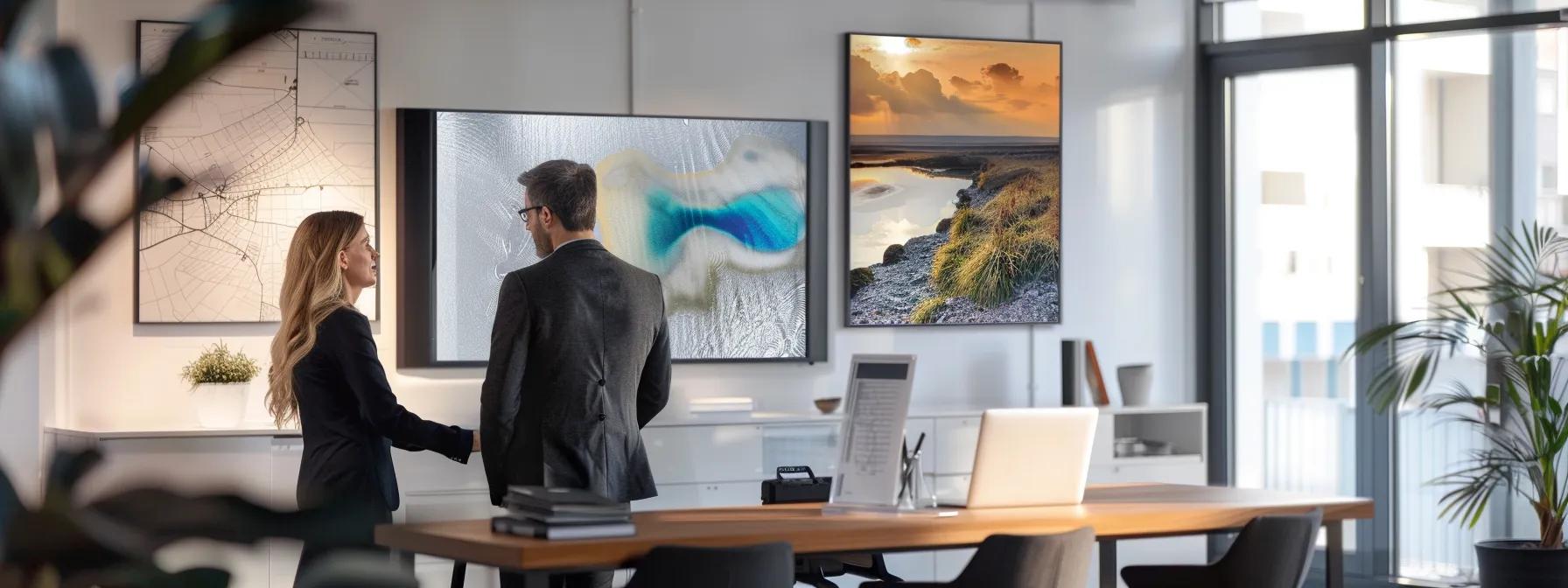 a focused home-buying consultation takes place within a modern office, featuring a husband and wife team discussing a detailed timeline of milestones with prospective buyers, surrounded by sleek digital screens displaying key steps from pre-approval to closing day.