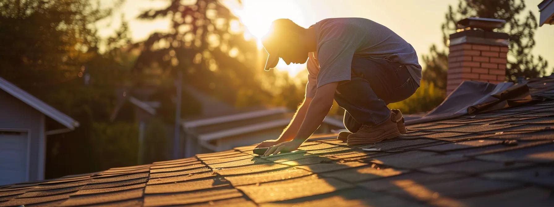 a focused homeowner conducts a thorough roof inspection on a sunlit rooftop, meticulously examining the condition of shingles and flashing for signs of summer heat damage, with a flashlight illuminating critical areas. a focused homeowner conducts a thorough roof inspection on a sunlit rooftop, meticulously examining the condition of shingles and flashing for signs of summer heat damage, with a flashlight illuminating critical areas.