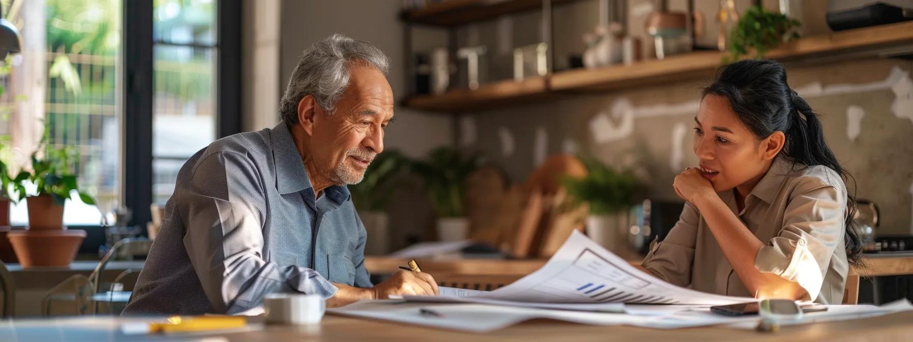 a focused homeowner, deep in conversation with a knowledgeable builder amidst blueprints and design plans, embodies the critical steps of hiring a reliable home builder. a focused homeowner, deep in conversation with a knowledgeable builder amidst blueprints and design plans, embodies the critical steps of hiring a reliable home builder.