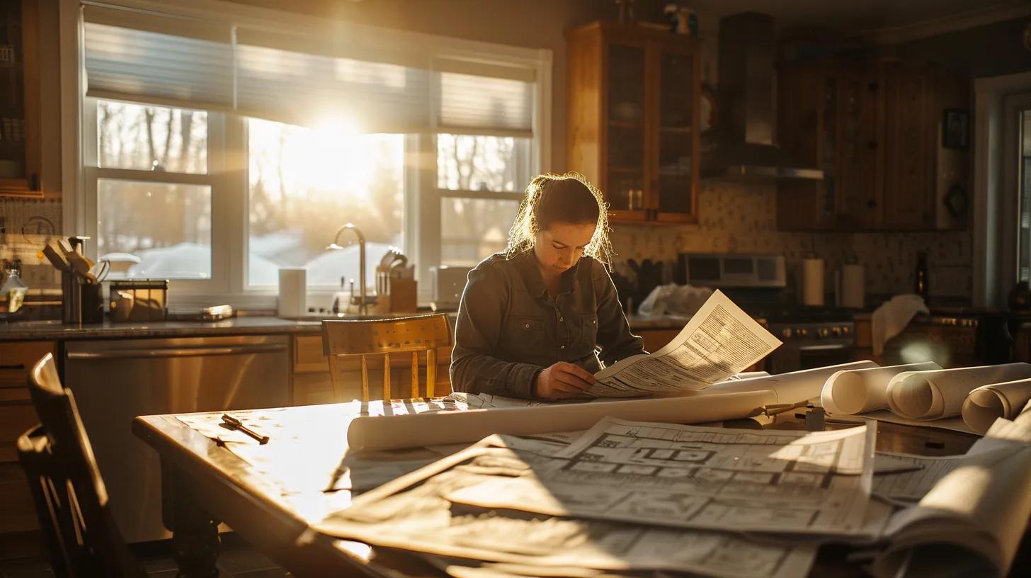 a focused homeowner reviews a detailed cost estimation report while seated at a sunlit kitchen table, surrounded by blueprints and construction materials, embodying empowerment and readiness to tackle hidden construction costs. a focused homeowner reviews a detailed cost estimation report while seated at a sunlit kitchen table, surrounded by blueprints and construction materials, embodying empowerment and readiness to tackle hidden construction costs.