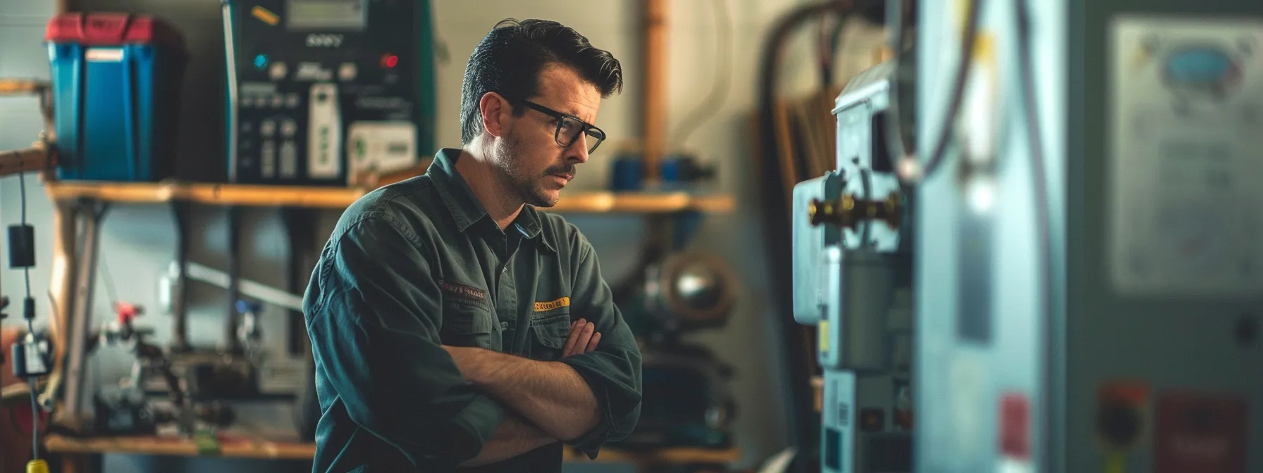 a focused hvac technician in a well-organized workshop examines advanced heating equipment, surrounded by tools and certification plaques that emphasize skill and expertise amidst a backdrop of professional industry collaboration.
