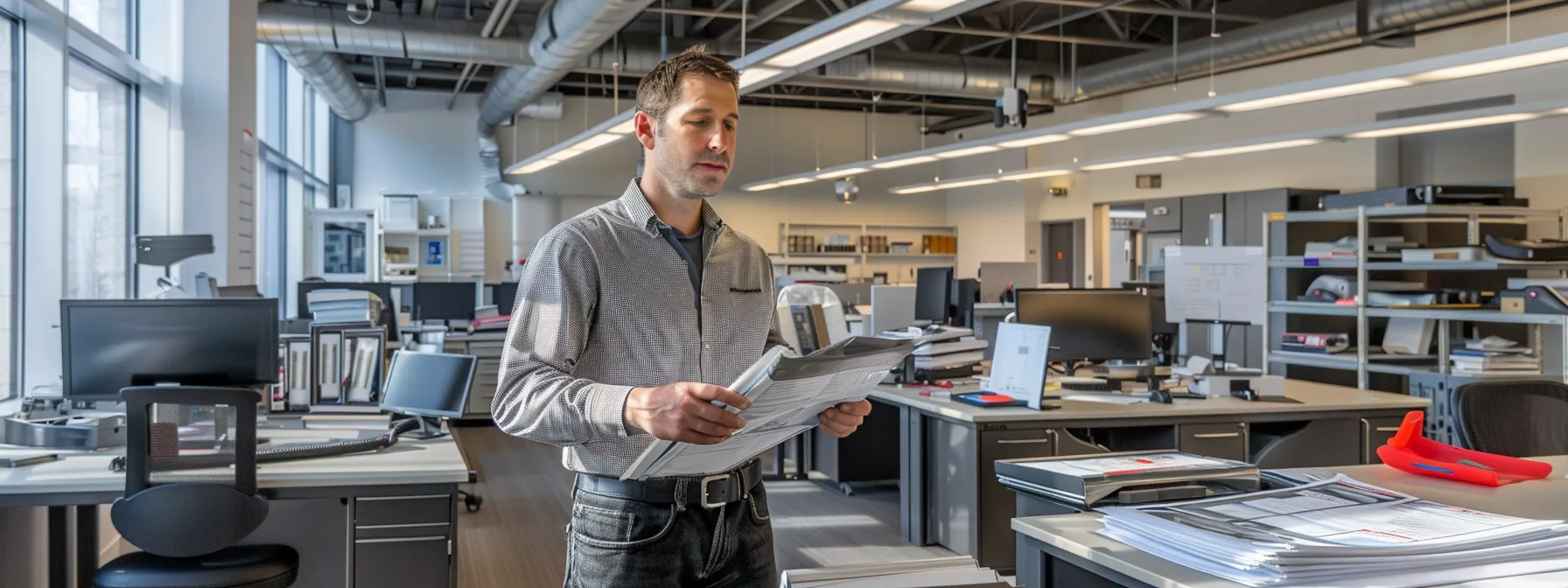 a focused hvac technician stands in a modern office workspace, reviewing advanced diagrams and blueprints on a digital tablet, surrounded by high-tech equipment and innovative tools that highlight the dynamic career growth opportunities within the hvac industry.
