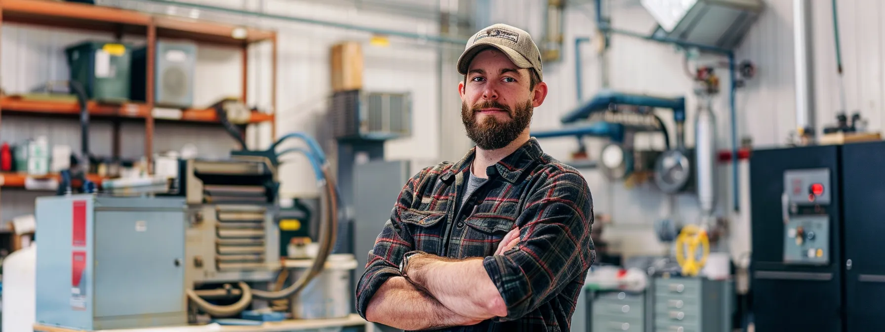 a focused hvac technician stands proudly in a brightly lit, modern workshop, surrounded by advanced tools and equipment, illustrating the satisfaction and dedication that comes from job security and career stability in their field.