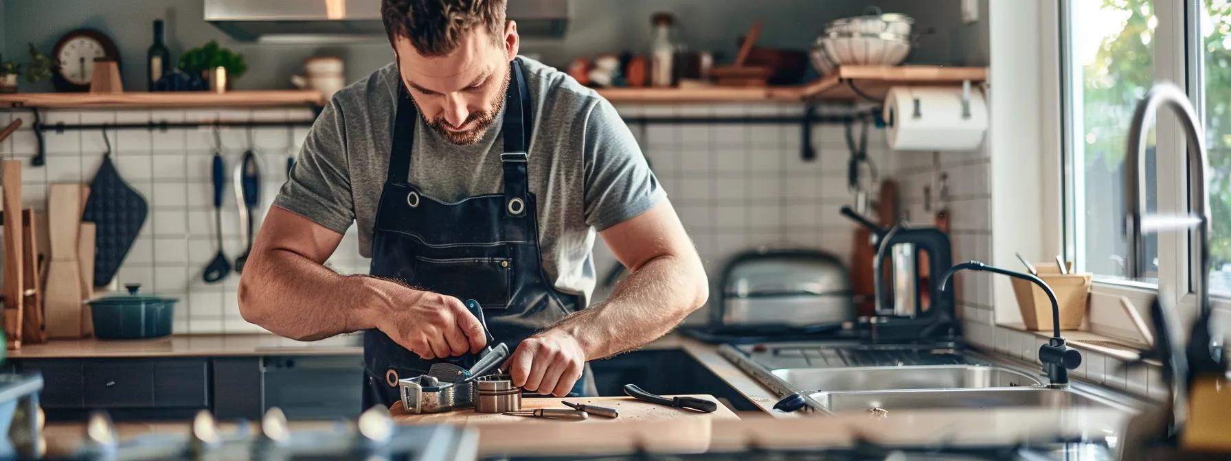 a focused image captures an experienced plumber in a modern kitchen, inspecting a garbage disposal unit with tools laid out neatly, showcasing professionalism and attention to detail in a well-lit, clean indoor setting. a focused image captures an experienced plumber in a modern kitchen, inspecting a garbage disposal unit with tools laid out neatly, showcasing professionalism and attention to detail in a well-lit, clean indoor setting.