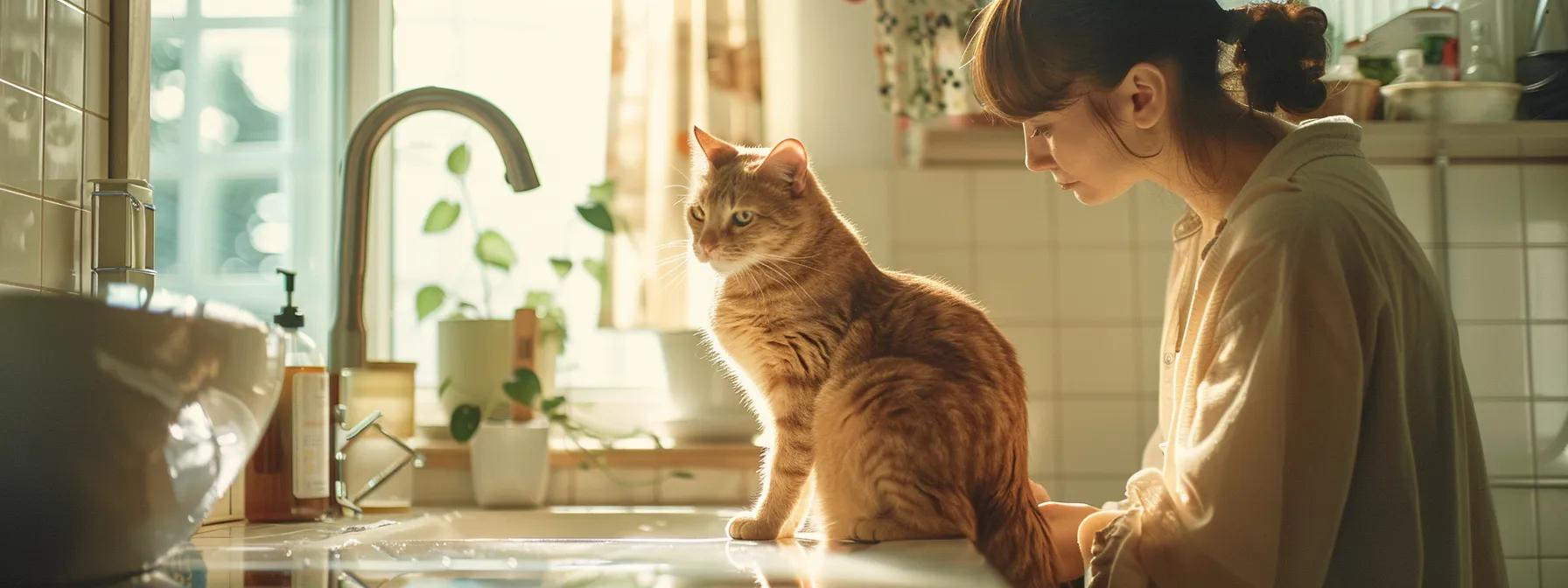 a focused image of a distressed cat perched on a grooming table in a bright, modern bathroom, with a concerned pet owner leaning in, ready to adapt their technique based on the cat's anxious body language and vocal cues.