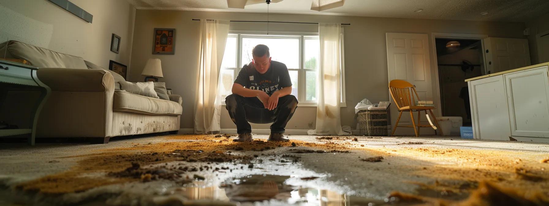 a focused image of an expert contractor meticulously assessing a water-damaged living room, with wet carpets and ceiling stains illuminated by soft, natural light, emphasizing the severity of the situation and the need for restoration.