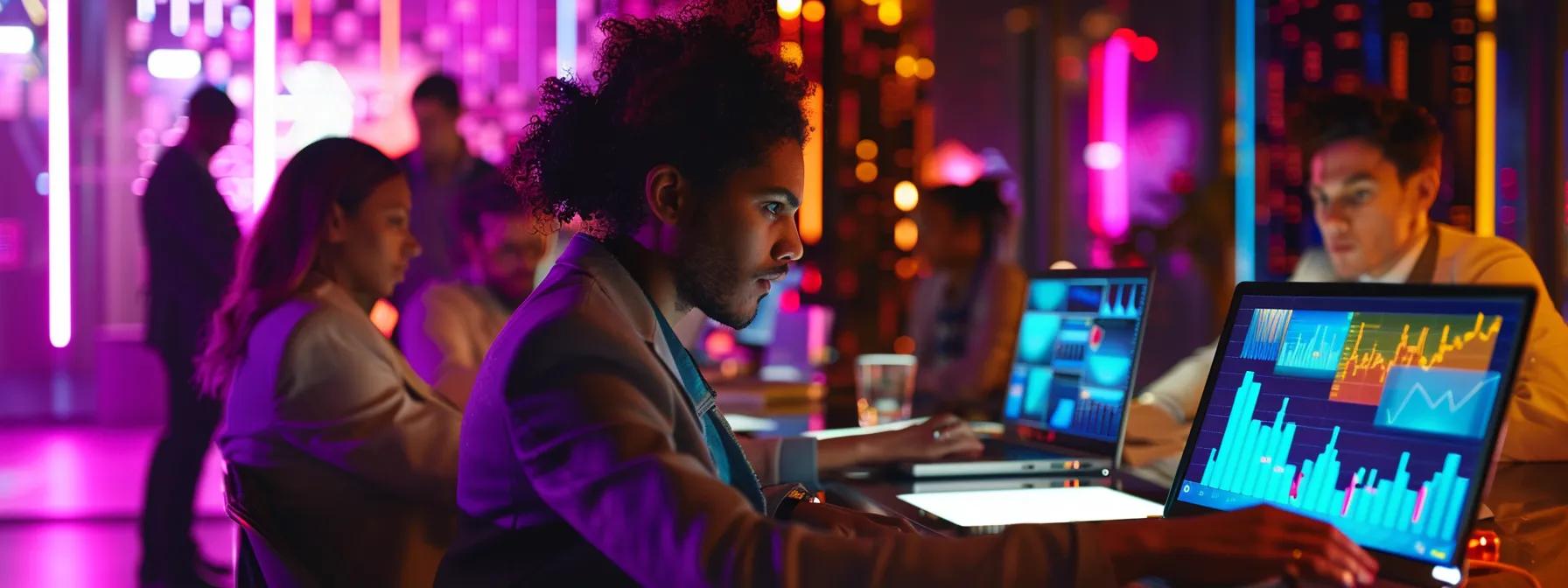 a focused indoor scene captures a diverse group of professionals intently analyzing digital marketing metrics on a sleek laptop, with a large screen displaying a vibrant graph of click-through rates in the background, illuminated by soft, modern office lighting.