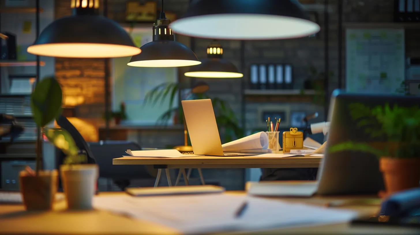 a focused indoor scene depicting a professional architect reviewing blueprints and building permit documents at a sleek, modern office desk, surrounded by plans and design materials, illuminated by bright overhead lights.