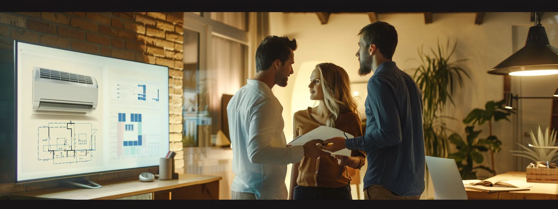 a focused indoor scene showcases a modern home consultation space, featuring an hvac specialist explaining system options to a couple, surrounded by blueprints and energy efficiency charts that emphasize thoughtful decision-making for their home's comfort and efficiency.