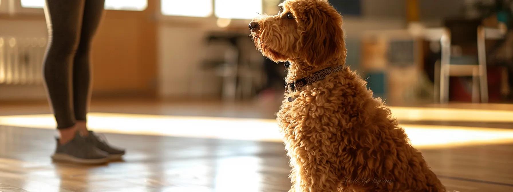 a focused indoor training session features a well-groomed doodle, attentively responding to its trainer in a brightly lit obedience school, showcasing signs of calmness as well as subtle warning signs of discomfort through its body language.