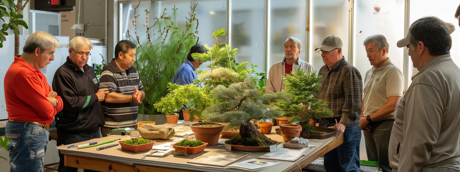 a focused indoor workshop scene showcases diverse individuals engaged in an interactive tree pruning seminar, surrounded by educational materials and tools, highlighting discussions on pruning techniques and plant care. a focused indoor workshop scene showcases diverse individuals engaged in an interactive tree pruning seminar, surrounded by educational materials and tools, highlighting discussions on pruning techniques and plant care.