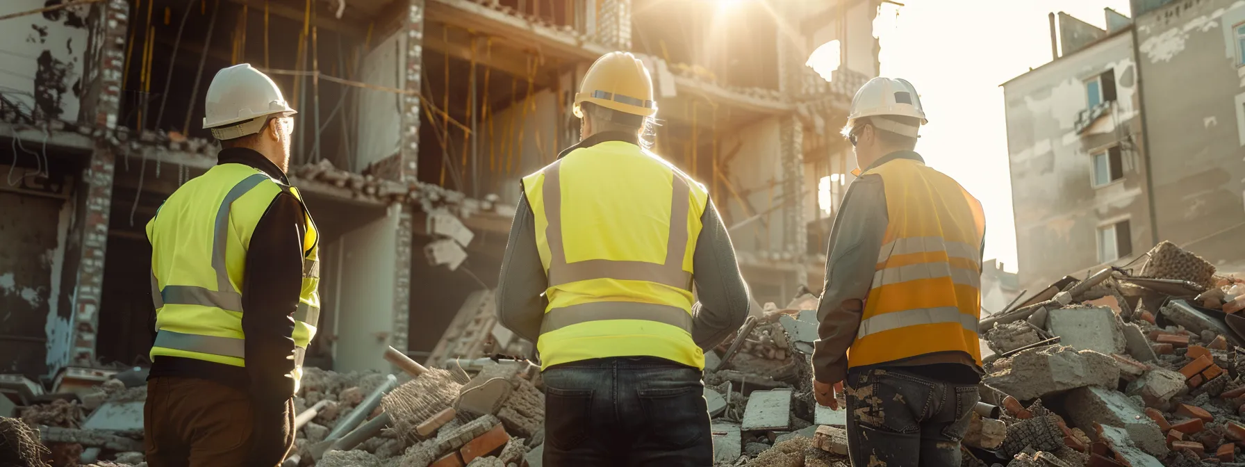 a focused inspection team evaluates a partially demolished building site under bright, natural light, ensuring adherence to safety codes and compliance procedures in a clear representation of accountability and professionalism. a focused inspection team evaluates a partially demolished building site under bright, natural light, ensuring adherence to safety codes and compliance procedures in a clear representation of accountability and professionalism.