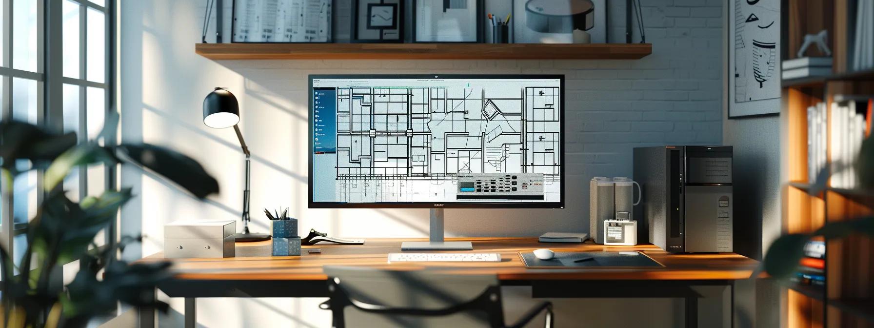 a focused interior scene showcasing a sleek modern workspace with a large monitor displaying intricate autocad architectural designs, complemented by a minimalist desk setup that conveys professionalism and creativity.