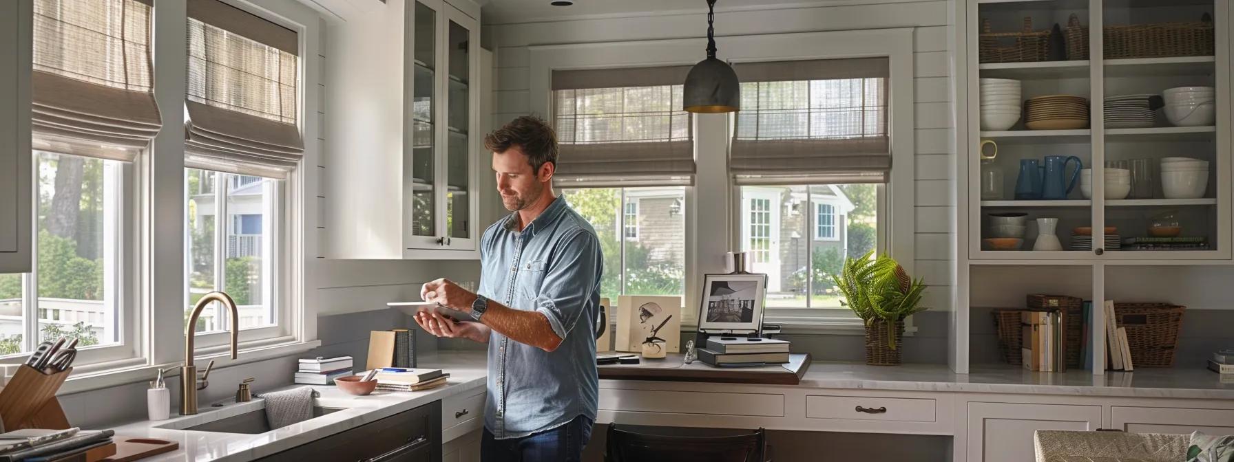 a focused interior shot of a well-organized cape cod home office, featuring a thoughtful homeowner consulting a digital tablet while assessing a portfolio of licensed electricians, highlighting professionalism and informed decision-making in electrical services. a focused interior shot of a well-organized cape cod home office, featuring a thoughtful homeowner consulting a digital tablet while assessing a portfolio of licensed electricians, highlighting professionalism and informed decision-making in electrical services.