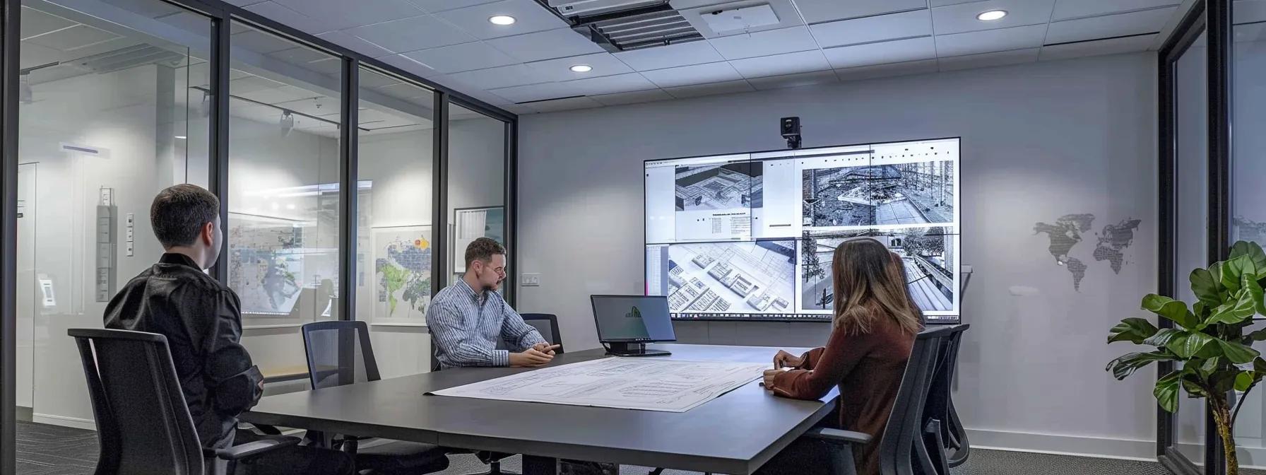 a focused interior shot of a modern office conference room, featuring a professional contractor discussing intricate roofing plans on a large screen, with blueprints spread across the sleek table, illuminated by bright artificial lighting to emphasize clarity and engagement. a focused interior shot of a modern office conference room, featuring a professional contractor discussing intricate roofing plans on a large screen, with blueprints spread across the sleek table, illuminated by bright artificial lighting to emphasize clarity and engagement.