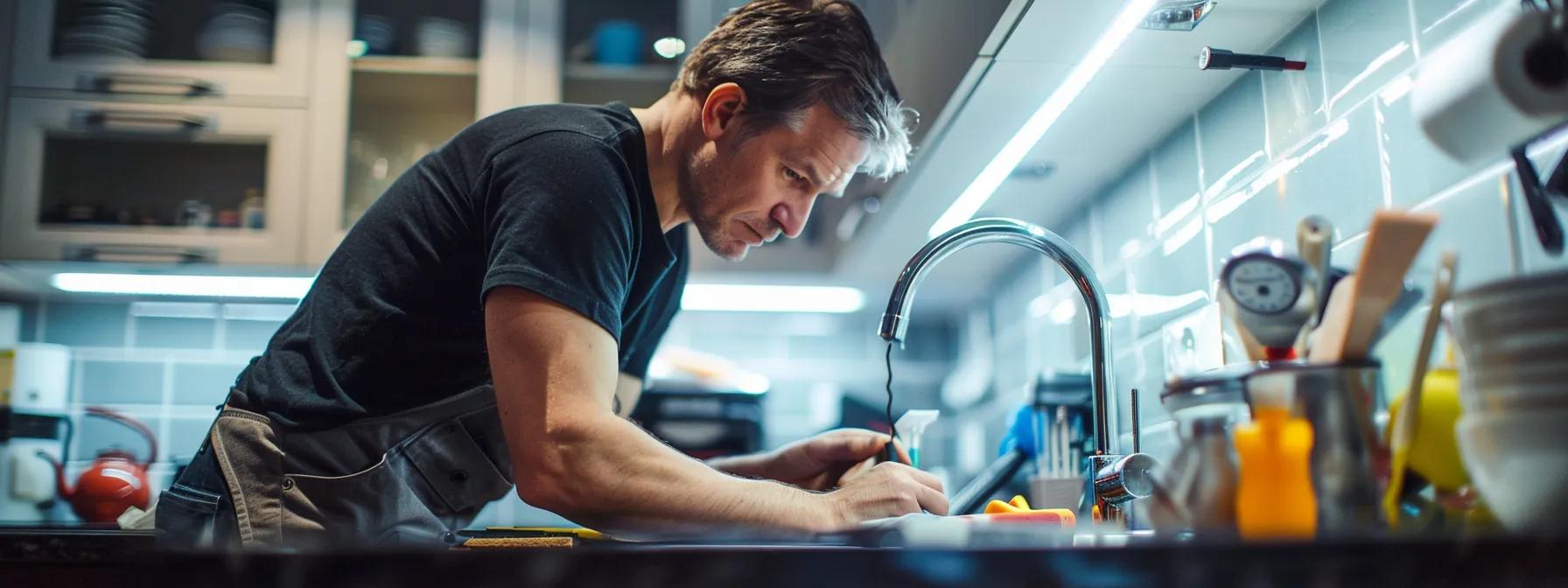a focused interior shot of a modern home, featuring a concerned homeowner inspecting a leaking pipe under a kitchen sink, illuminated by bright overhead lights, with tools and temporary fix solutions arranged neatly on the countertop, emphasising the urgency of assessing plumbing issues. a focused interior shot of a modern home, featuring a concerned homeowner inspecting a leaking pipe under a kitchen sink, illuminated by bright overhead lights, with tools and temporary fix solutions arranged neatly on the countertop, emphasising the urgency of assessing plumbing issues.