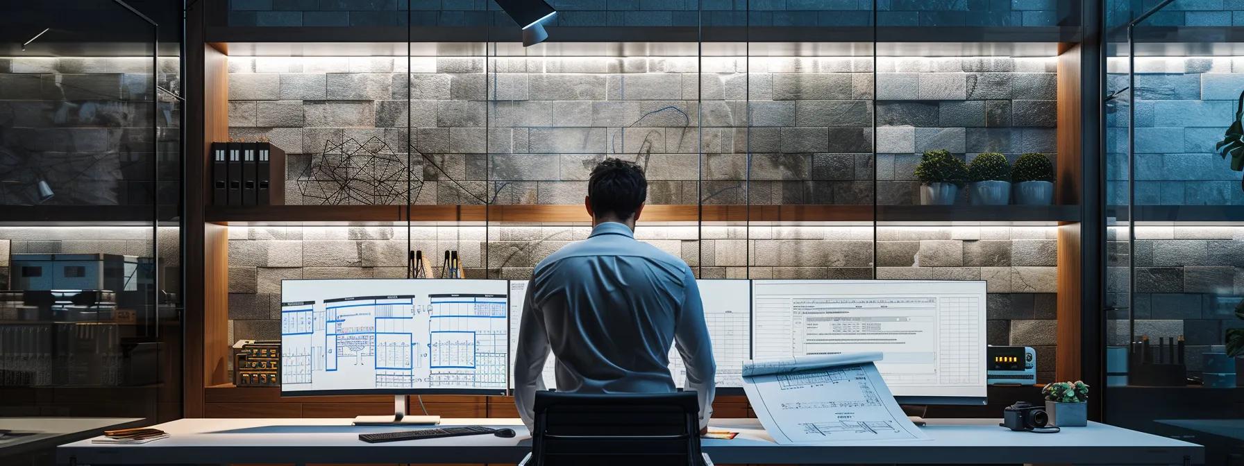 a focused interior shot of a modern office workspace featuring a professional examining detailed blueprints and cost estimates for a stone retaining wall, accented by sleek equipment and a large digital screen displaying material quantities.