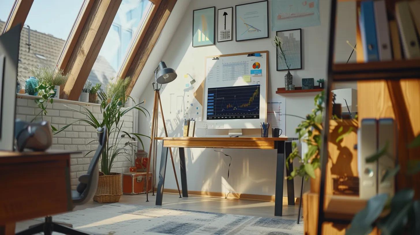 a focused interior shot of a stylish, modern home office, featuring a detailed financial planning whiteboard filled with charts and projections, capturing the essence of strategic budgeting for a skylight replacement project.