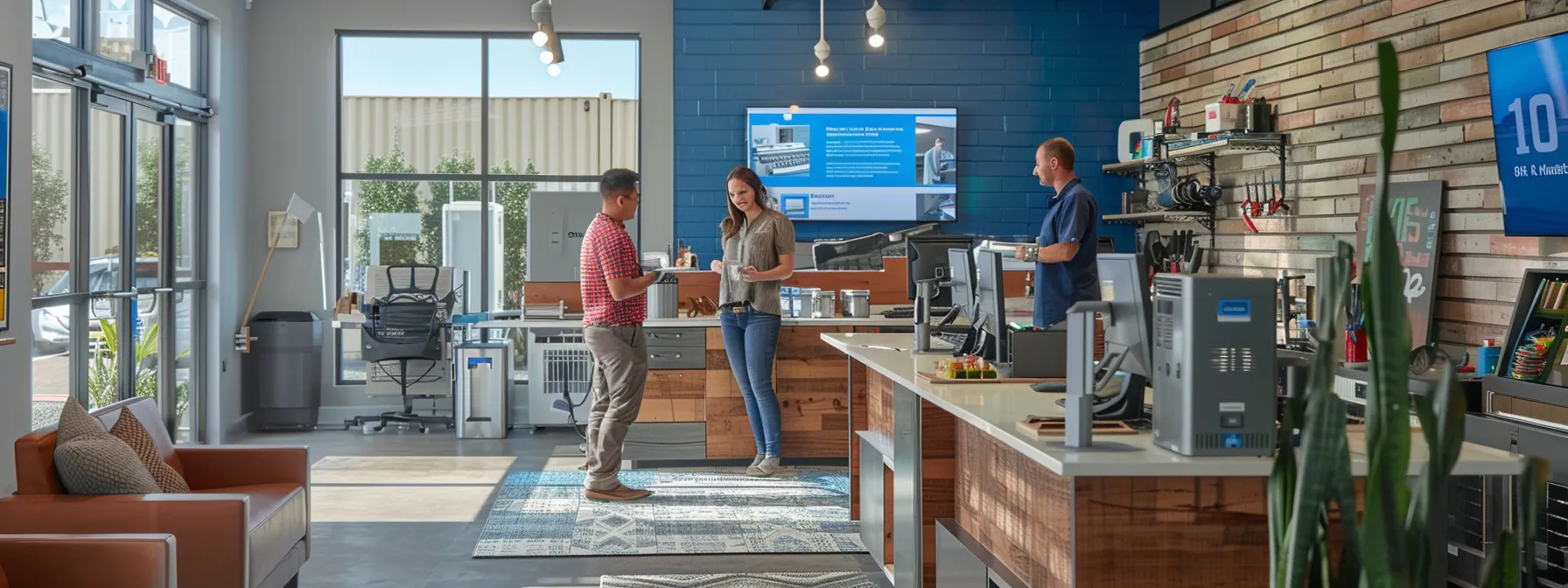 a focused interior shot of a modern las vegas office, featuring a confident homeowner discussing plumbing issues with a well-dressed, professional plumber, surrounded by plumbing tools and informative digital displays showcasing service ratings and testimonials. a focused interior shot of a modern las vegas office, featuring a confident homeowner discussing plumbing issues with a well-dressed, professional plumber, surrounded by plumbing tools and informative digital displays showcasing service ratings and testimonials.