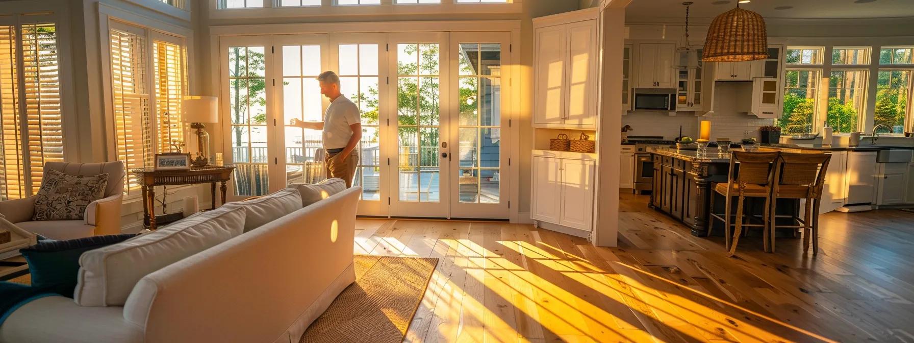 a focused interior view of a cape cod home showcasing a skilled residential electrician expertly inspecting intricate wiring within an old-fashioned, coastal-style living room, illuminated by soft, warm light reflecting off classic wood elements, emphasizing the blend of modern expertise with timeless charm. a focused interior view of a cape cod home showcasing a skilled residential electrician expertly inspecting intricate wiring within an old-fashioned, coastal-style living room, illuminated by soft, warm light reflecting off classic wood elements, emphasizing the blend of modern expertise with timeless charm.