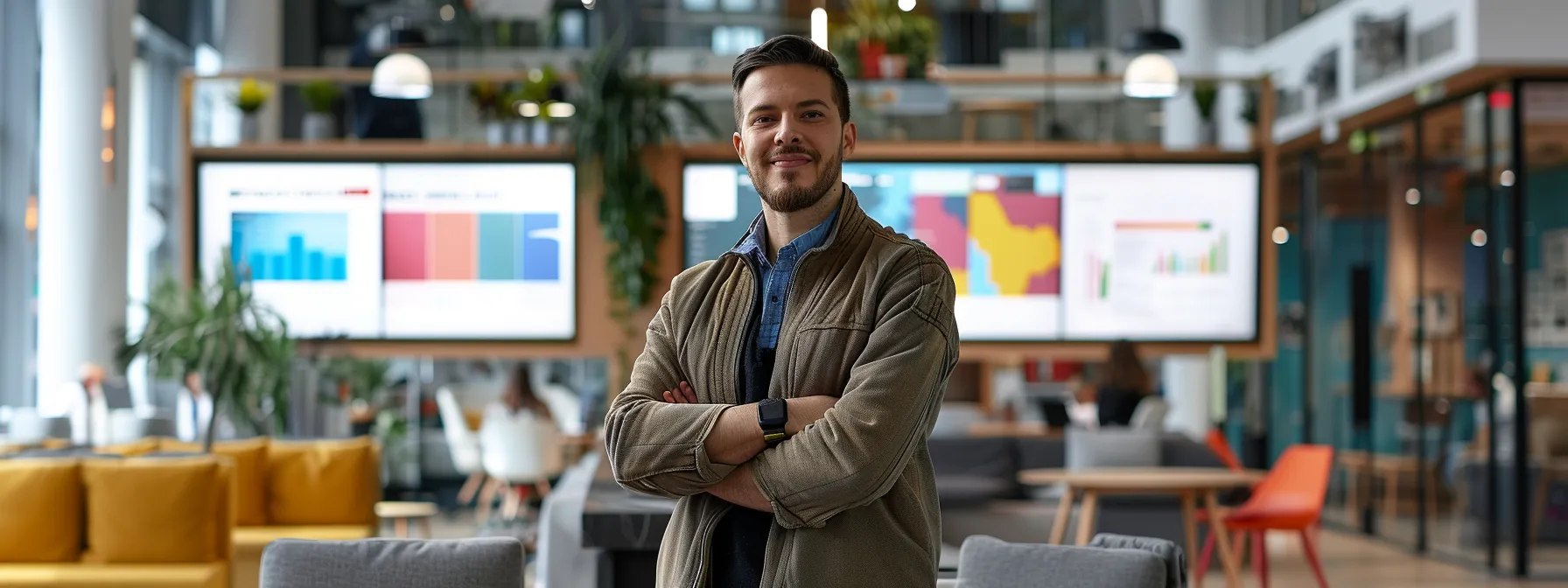 a focused job seeker stands confidently in a modern co-working space, surrounded by vibrant digital displays showcasing recruitment platforms and training programs, emphasizing the pursuit of career advancement in the competitive job market of 2025.
