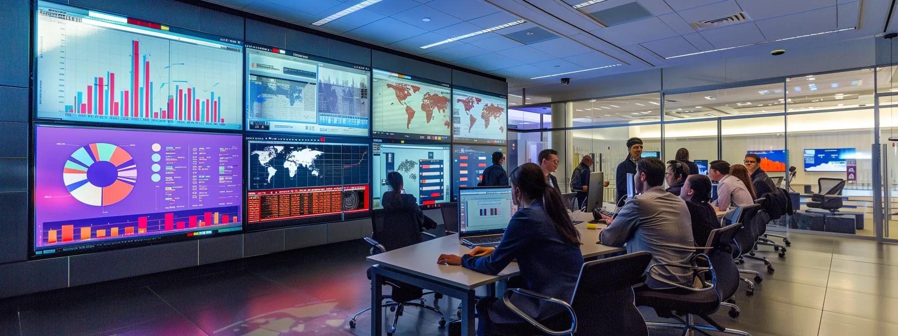 a focused marketing team enthusiastically collaborates in a modern office space, surrounded by vibrant visual displays of advertising metrics and graphs, highlighting the significance of ctr in driving effective campaigns and improving roi.