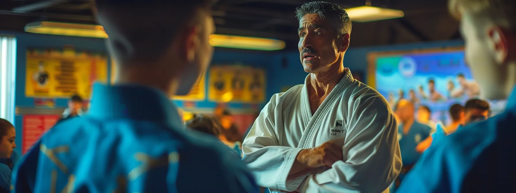a focused martial arts classroom scene captures an engaged instructor discussing customer satisfaction metrics with attentive students, framed by colorful martial arts banners and statistics charts displayed on digital screens, highlighting the importance of student feedback in enhancing training programs. a focused martial arts classroom scene captures an engaged instructor discussing customer satisfaction metrics with attentive students, framed by colorful martial arts banners and statistics charts displayed on digital screens, highlighting the importance of student feedback in enhancing training programs.