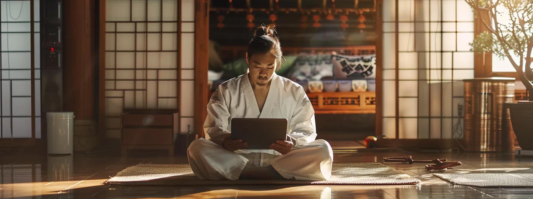 a focused martial arts instructor reviews community engagement metrics on a laptop in a modern dojo, surrounded by promotional materials and digital screens displaying analytics, emphasizing the theme of continuous improvement in promotional techniques. a focused martial arts instructor reviews community engagement metrics on a laptop in a modern dojo, surrounded by promotional materials and digital screens displaying analytics, emphasizing the theme of continuous improvement in promotional techniques.