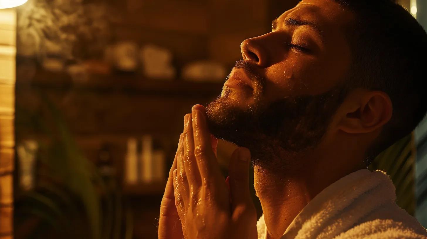 a focused, modern barbershop interior showcases a well-groomed man preparing for threading, illuminated by warm spotlighting, as he gently wipes his cleansed face with a warm, damp towel, emphasizing the meticulous grooming process for an impeccable beard and mustache.