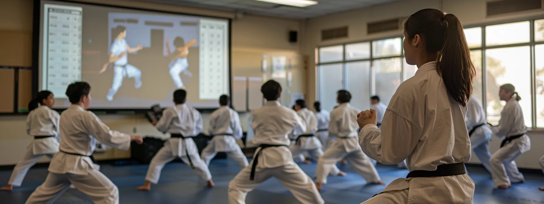 a focused, modern classroom setting is depicted, highlighting a diverse group of students engaged in a dynamic class on martial arts techniques, with a digital schedule display on the wall tracking participation trends and optimizing class formats for enhanced learning. a focused, modern classroom setting is depicted, highlighting a diverse group of students engaged in a dynamic class on martial arts techniques, with a digital schedule display on the wall tracking participation trends and optimizing class formats for enhanced learning.