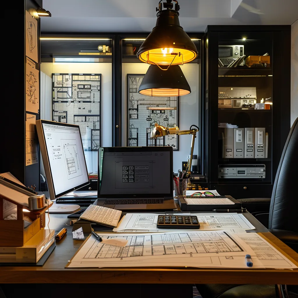 a focused, modern home office showcases a sleek desk cluttered with blueprints, a digital calculator, and a laptop displaying intricate electrical plans, illuminated by vibrant overhead lighting that enhances the space's professional ambiance. a focused, modern home office showcases a sleek desk cluttered with blueprints, a digital calculator, and a laptop displaying intricate electrical plans, illuminated by vibrant overhead lighting that enhances the space's professional ambiance.