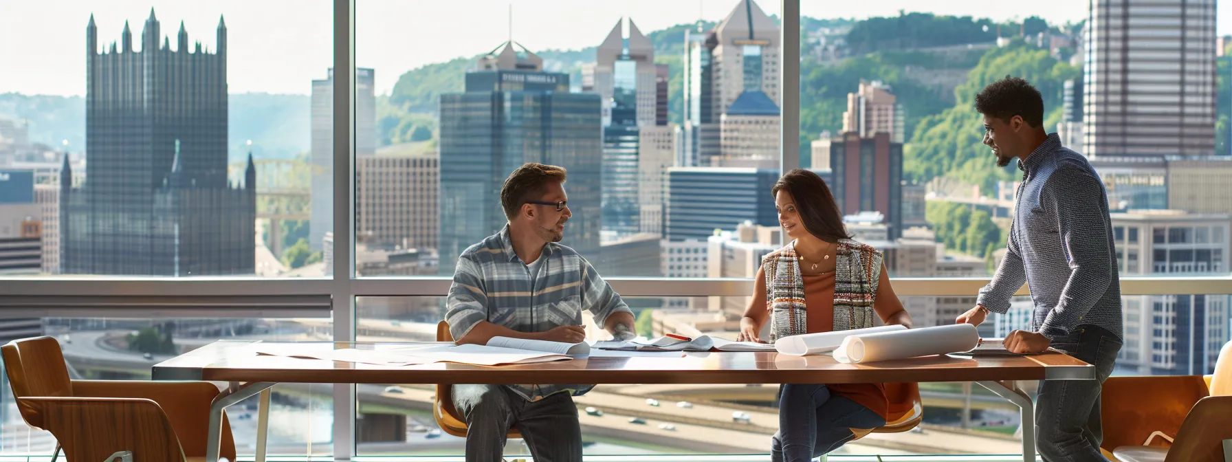 a focused, modern office scene showcases a diverse group of homeowners engaged in a lively discussion around a polished table, featuring blueprints and contractor quotes for garage renovation projects, with a large window revealing an urban pittsburgh skyline in the background.
