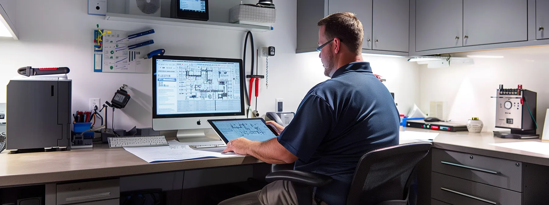 a focused, modern office scene showcases a professional sitting at a sleek desk, reviewing a detailed plumbing estimate on a digital tablet, with blueprints and plumbing tools strategically arranged in the background, illuminated by bright overhead lighting. a focused, modern office scene showcases a professional sitting at a sleek desk, reviewing a detailed plumbing estimate on a digital tablet, with blueprints and plumbing tools strategically arranged in the background, illuminated by bright overhead lighting.