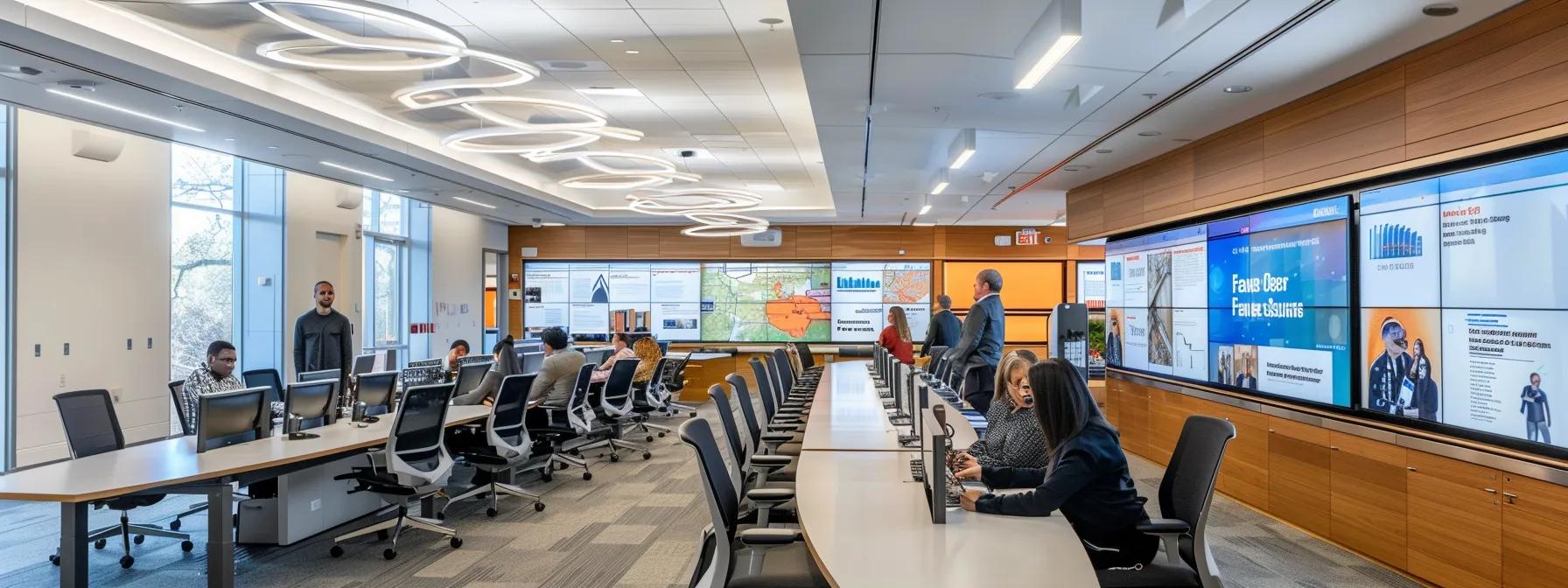 a focused, modern office setting with a diverse group of professionals engaged in a collaborative discussion around a large conference table, reviewing organized documentation and digital screens that illustrate the fannie mae loan application process, illuminated by bright, overhead lighting.