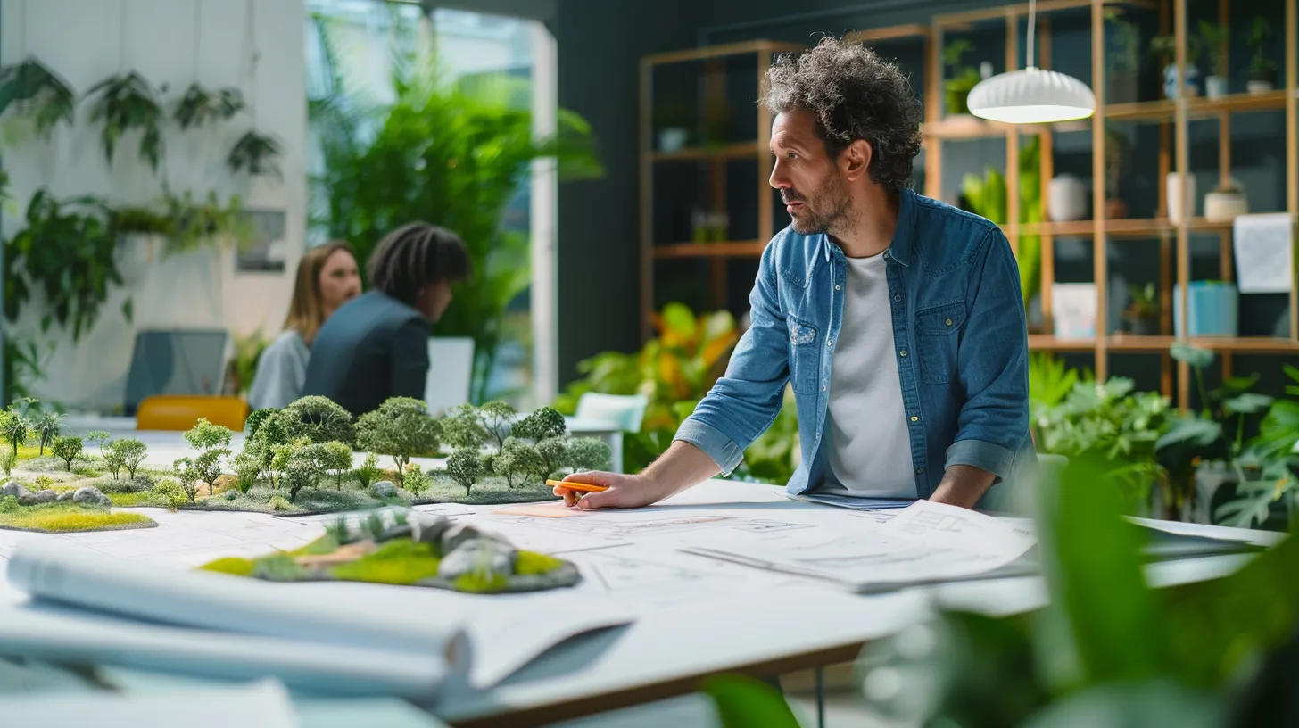 a focused, modern office setting showcases a landscape architect engaged in a detailed discussion with a client, surrounded by vibrant project blueprints and digital design tools, emphasizing professionalism and expertise in hardscaping solutions. a focused, modern office setting showcases a landscape architect engaged in a detailed discussion with a client, surrounded by vibrant project blueprints and digital design tools, emphasizing professionalism and expertise in hardscaping solutions.