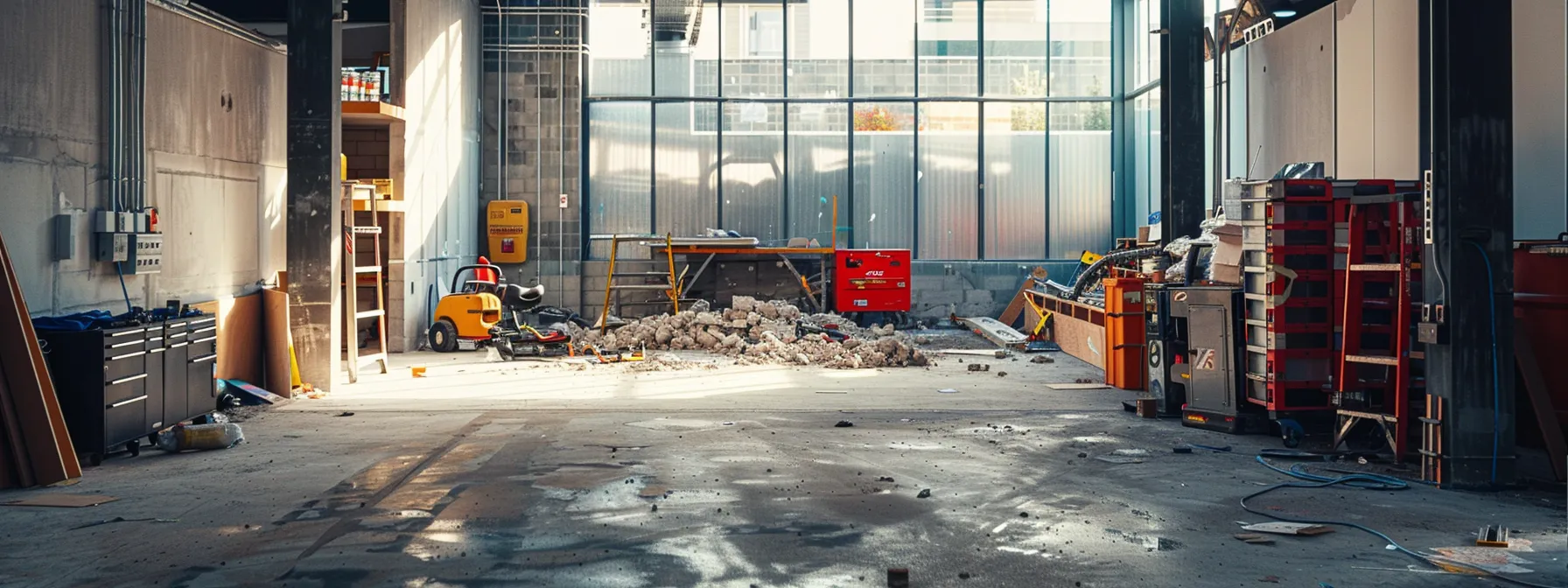 a focused, modern office space showcases a half-demolished garage with construction tools and safety equipment arranged neatly, symbolizing the careful planning and considerations required for homeowners embarking on a garage demolition project.