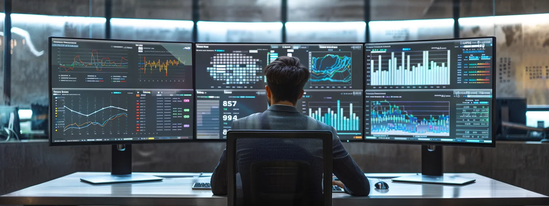 a focused office environment showcases a large computer screen displaying detailed analytics and performance graphs for google ads, with a professional analyzing the data amidst a sleek, modern workspace.