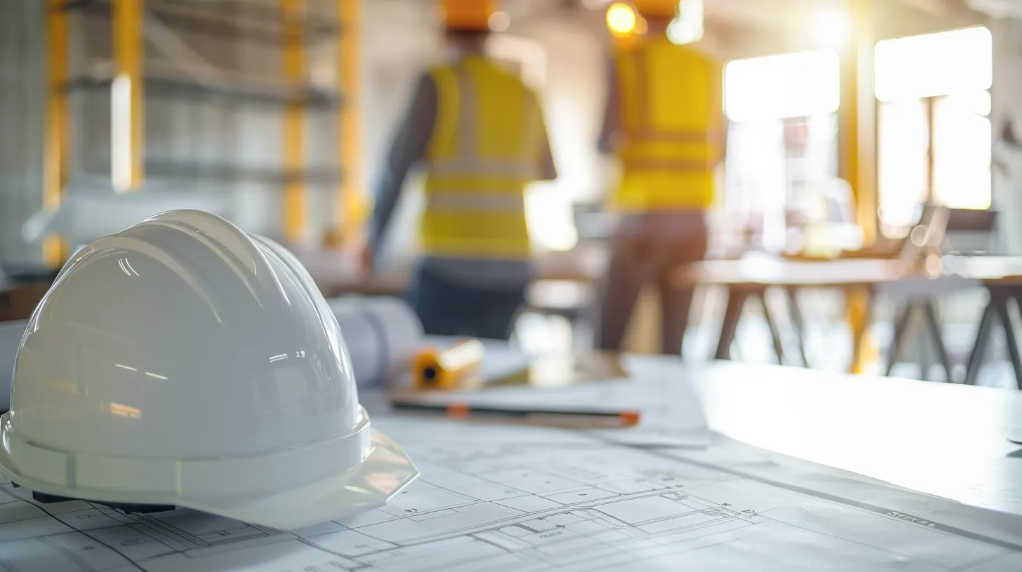 A white hard hat resting on blueprints in the foreground of a construction site, highlighting the need to plan for unexpected expenses during building projects. A white hard hat resting on blueprints in the foreground of a construction site, highlighting the need to plan for unexpected expenses during building projects.